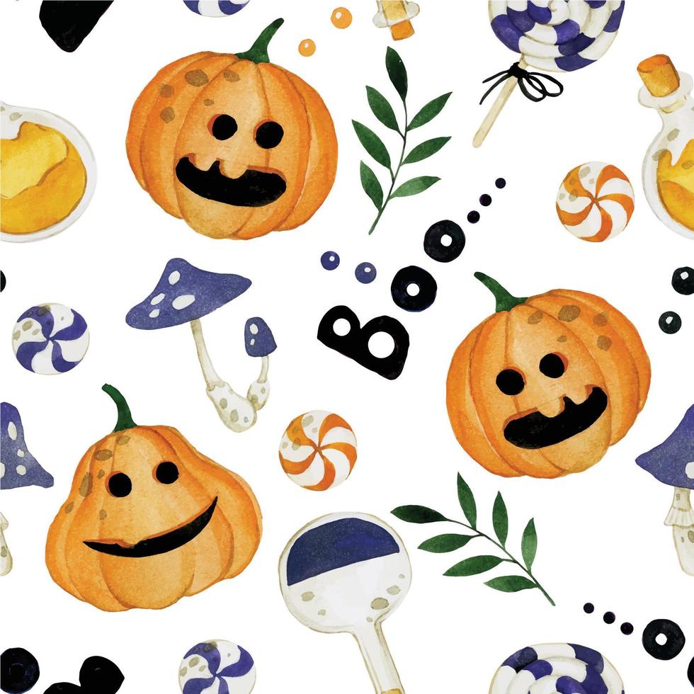 aquarela sem costura padrão sobre o tema do halloween. estampa infantil com fofos cogumelos abóboras e bombons laranja e roxo. sem fundo branco vetor