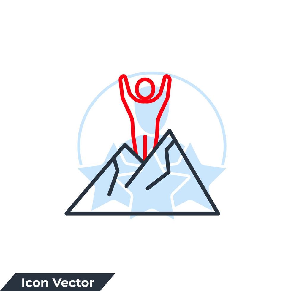 ilustração em vetor logotipo de ícone de conquista. homem de pé no topo do modelo de símbolo de montanha para coleção de design gráfico e web
