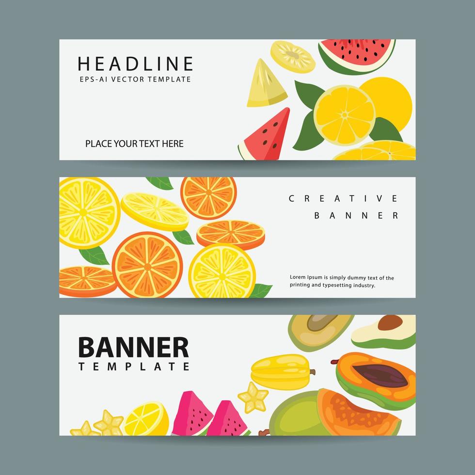 banners com frutas sobre alimentação saudável. modelo de banners vetoriais para uma alimentação saudável. vetor