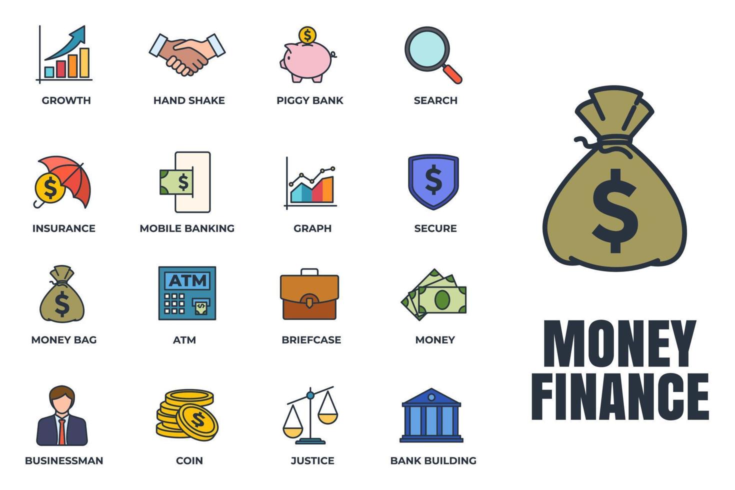conjunto de ilustração em vetor logotipo ícone finanças dinheiro. modelo de símbolo de pacote de finanças para coleção de design gráfico e web. dinheiro, pesquisa, gráfico, empresário e muito mais