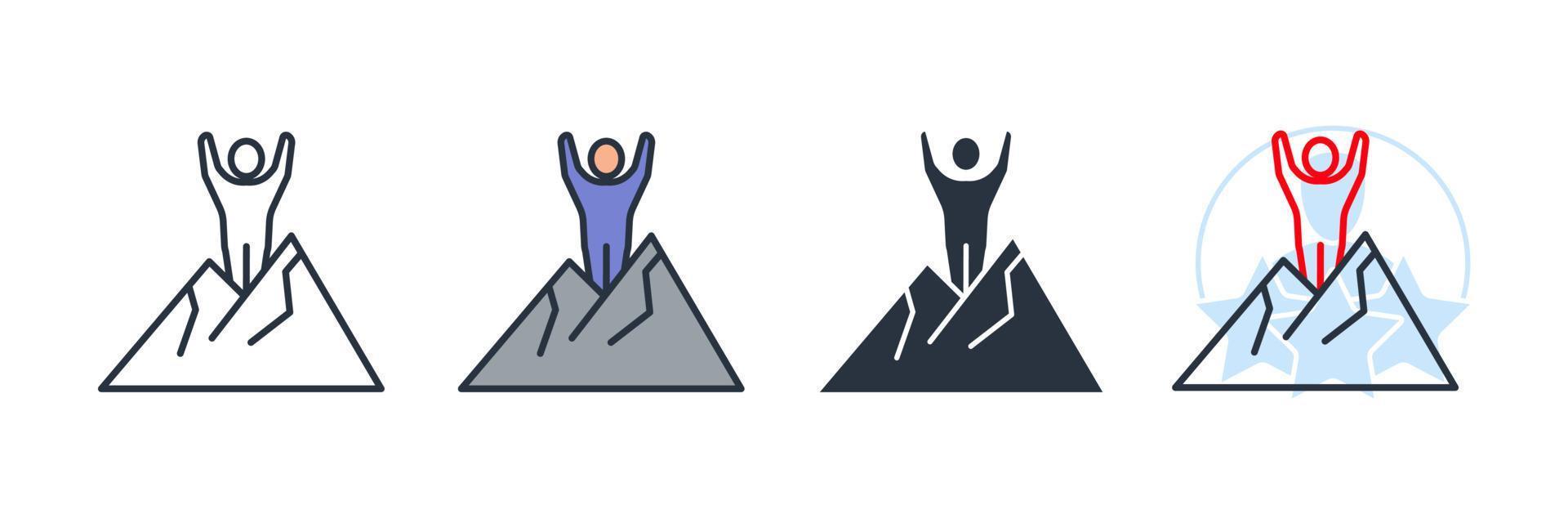 ilustração em vetor logotipo de ícone de conquista. homem de pé no topo do modelo de símbolo de montanha para coleção de design gráfico e web