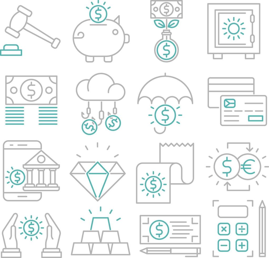 conjunto de ícones vetoriais relacionados ao setor bancário. contém ícones como investimento, ouro, empréstimo, dinheiro, poupança e muito mais vetor