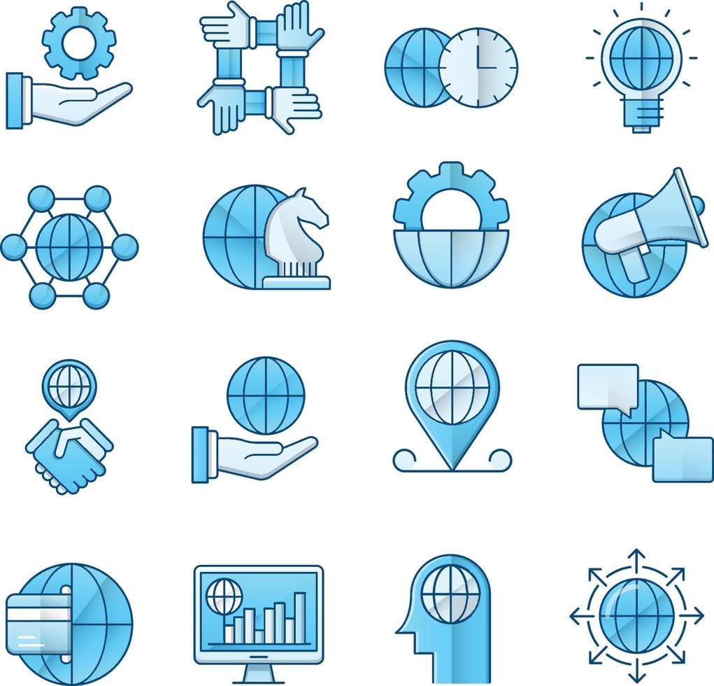 conjunto de ícones vetoriais relacionados a negócios globais. contém ícones como corporação internacional, solução de desenvolvimento, acordo internacional e muito mais. vetor