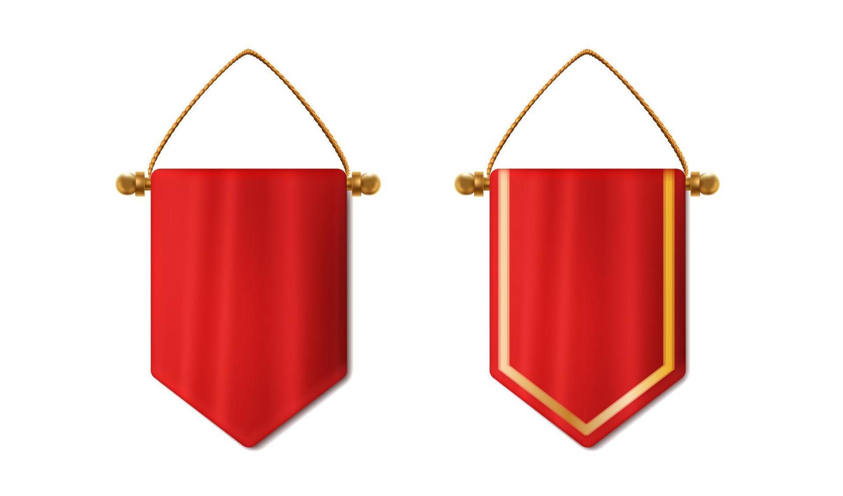 Conjunto de ícones de vetor realista 3D. flâmula pendurada vermelha com e sem ouro, pendurando a bandeira da bandeira.