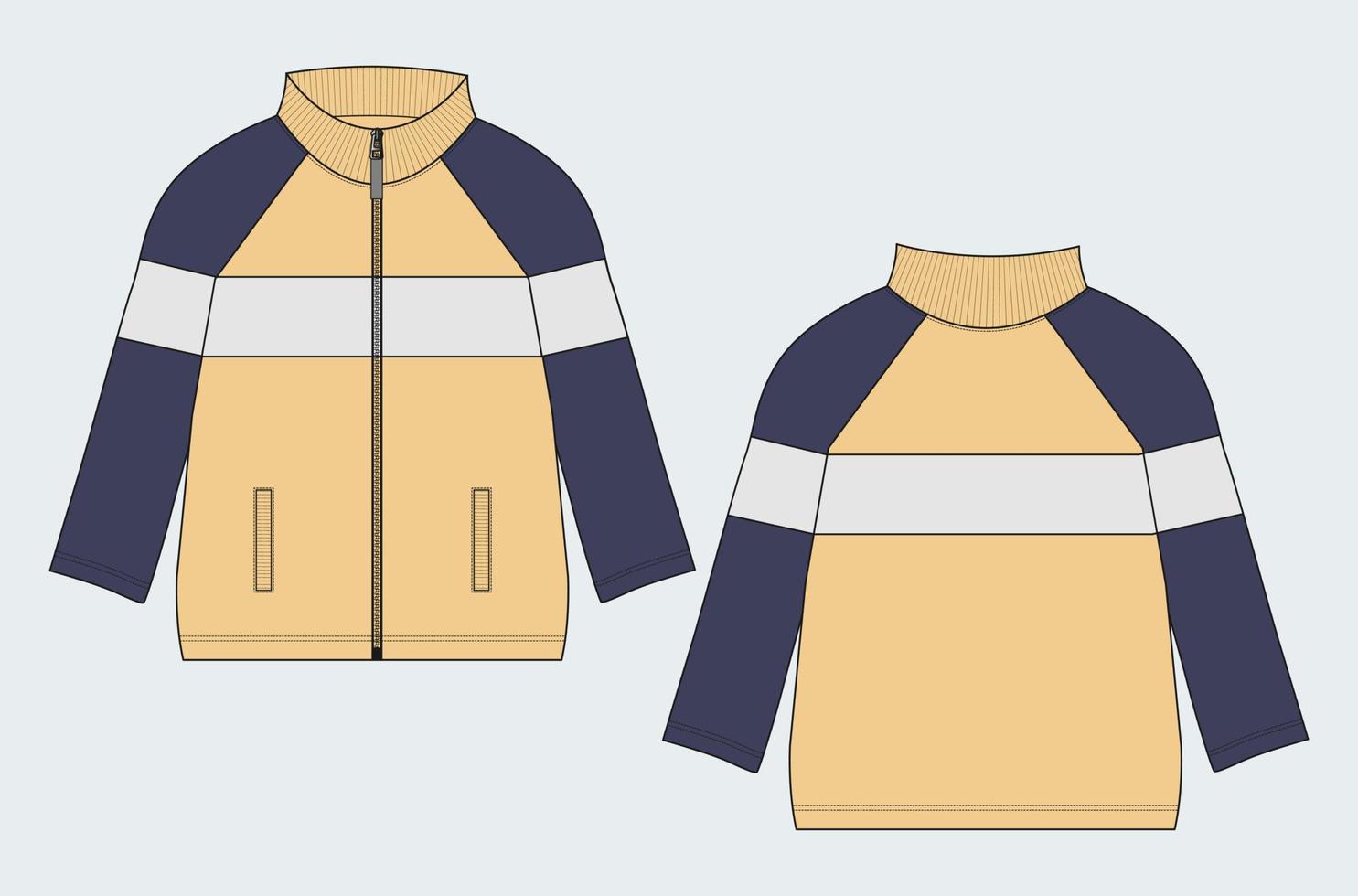jaqueta de manga longa com bolso e zíper técnico moda esboço plano ilustração vetorial modelo vistas dianteiras e traseiras. vetor