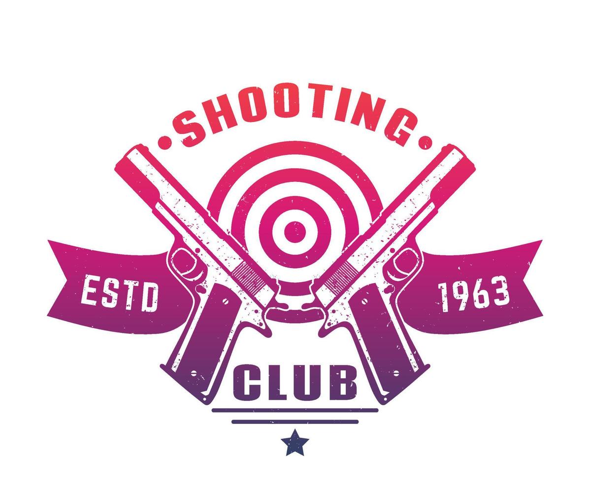 logotipo do clube de tiro, emblema, crachá com duas pistolas sobre branco vetor