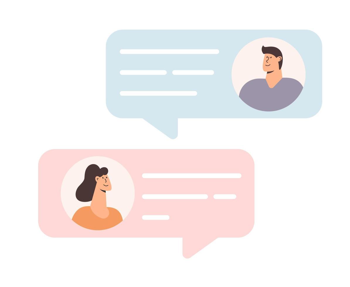 homem e mulher conversando. ilustração vetorial em design de pessoas planas com bolhas do discurso e lugar para texto. pode ser usado para blogs, mídias sociais, publicidade, web design vetor