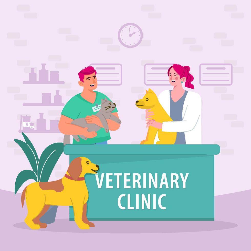 médicos examinam animais no conceito de clínica veterinária vetor