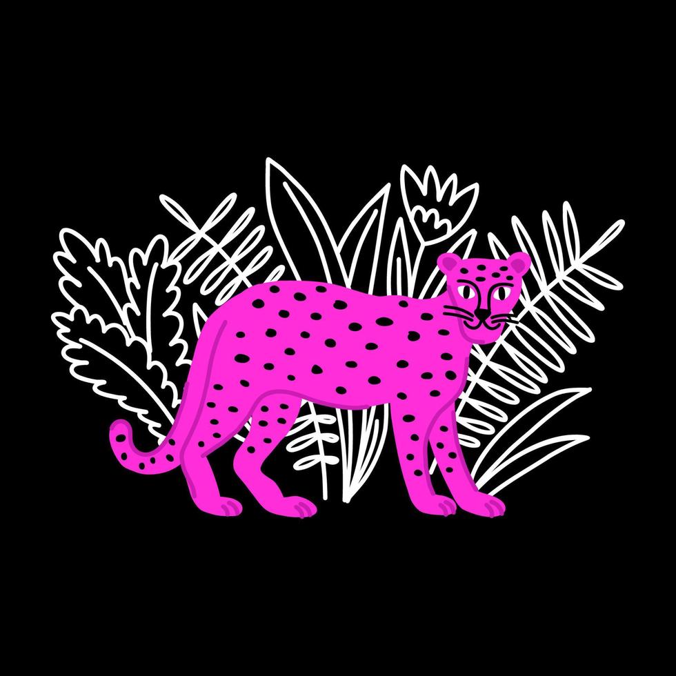 um leopardo caminha entre as folhas tropicais. desenho moderno com animais vetor