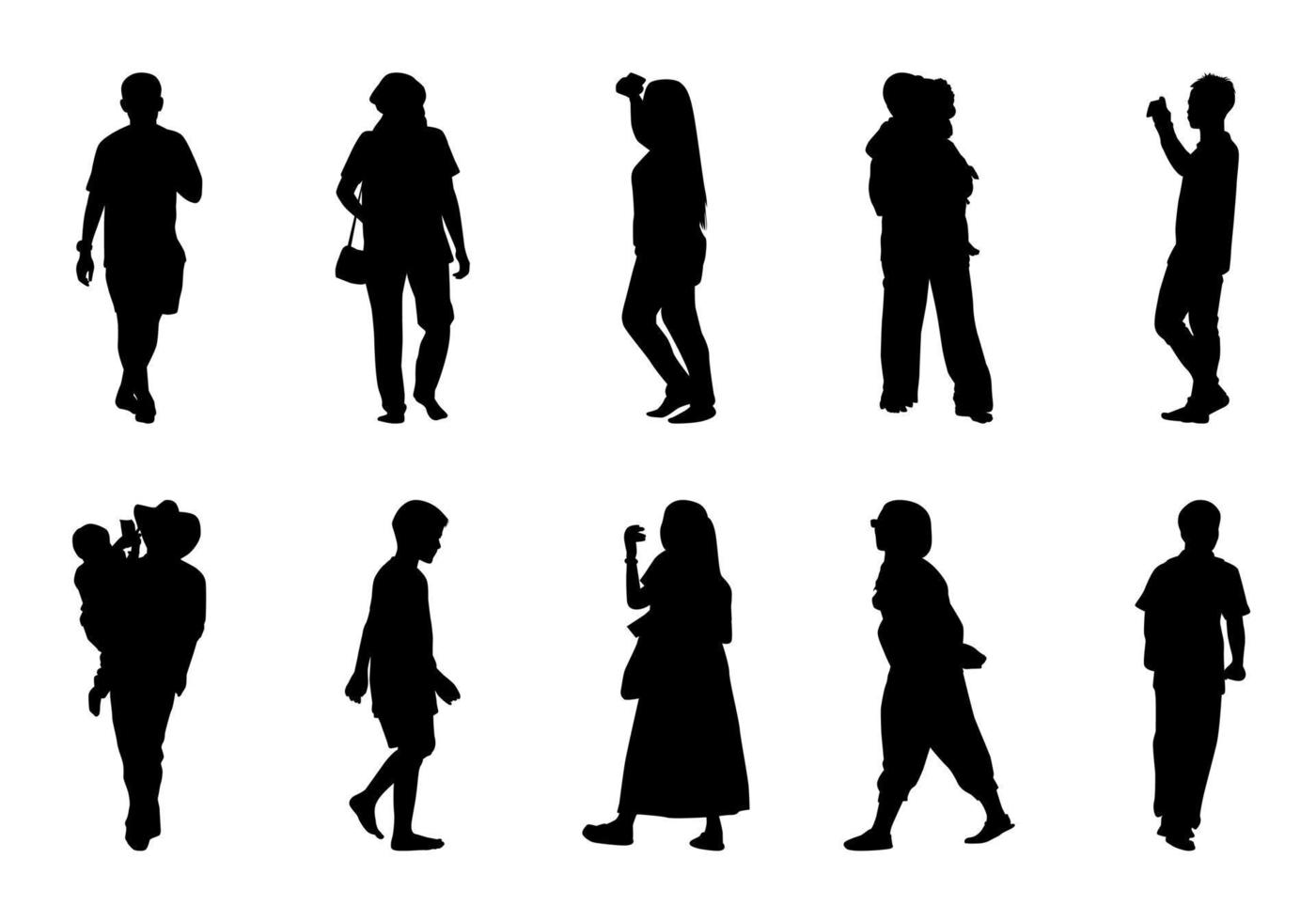 conjunto de caminhada de silhueta de pessoas, ilustração vetorial diferente de adultos e crianças vetor