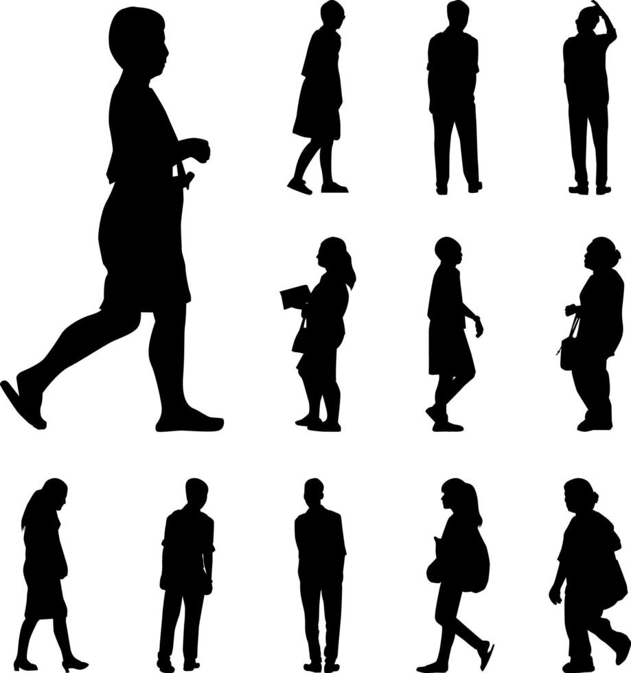 conjunto de vetores de silhuetas de caminhada preta, ícone de homem e mulheres passeio em fundo branco