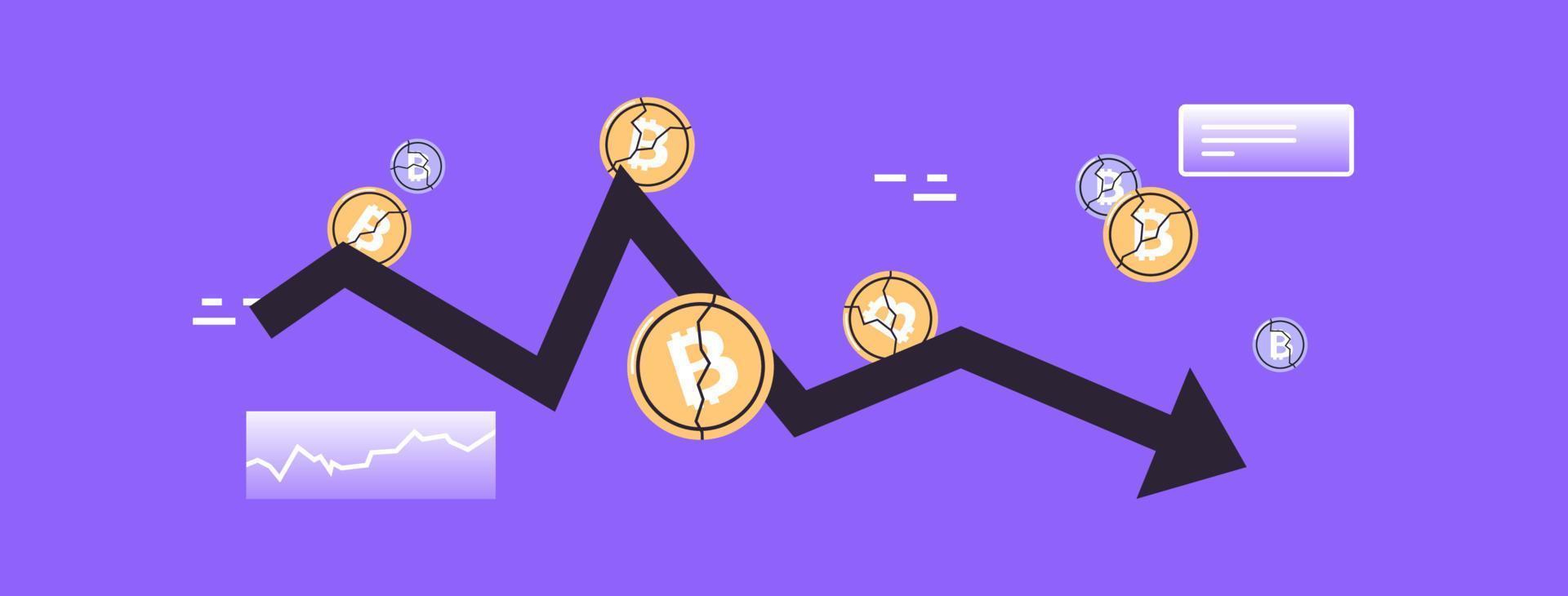 seta para baixo de criptomoeda e queda de queda de preço de bitcoin colapso de perda de criptografia risco de investimento crise ilustração vetorial plana. vetor