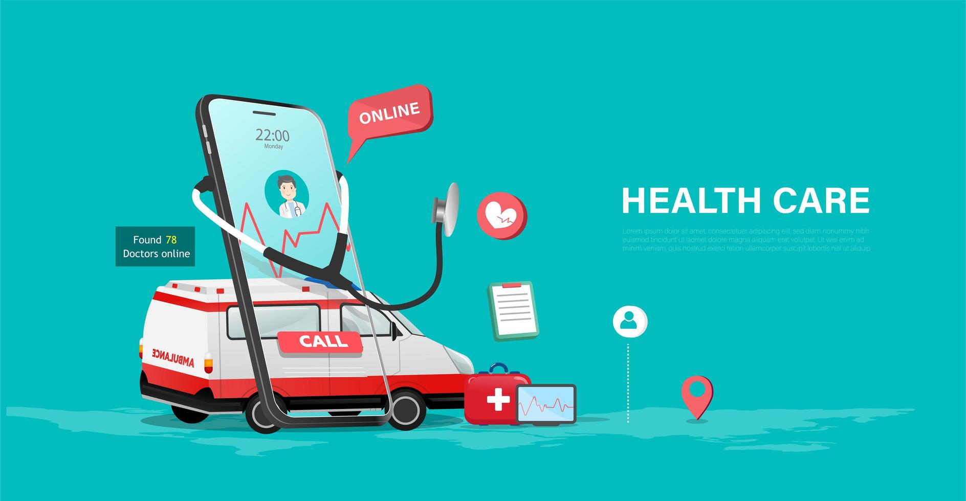 cartaz de cuidados de saúde on-line com telefone e ambulância vetor