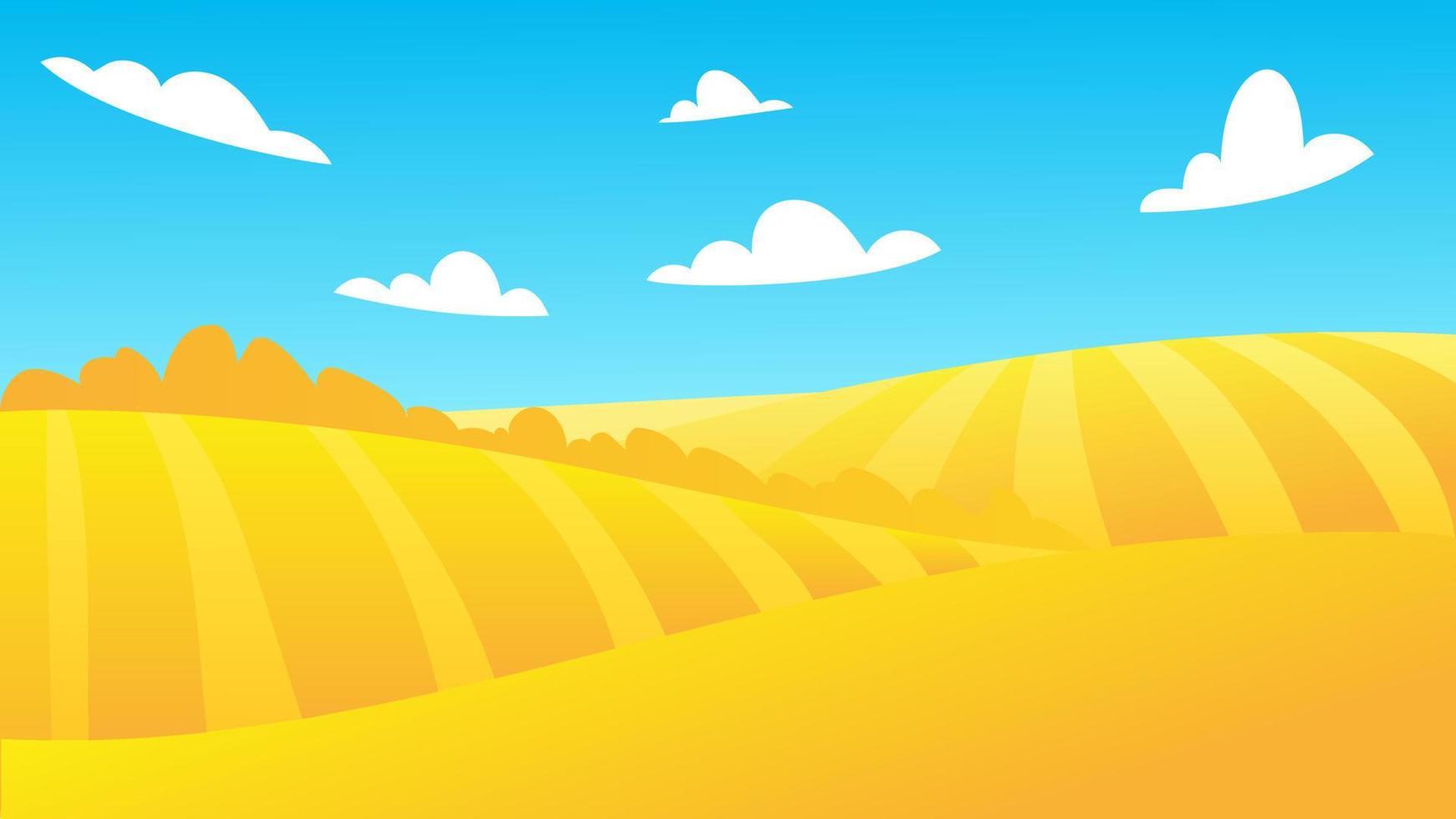 paisagem rural de verão com um campo de trigo maduro no fundo. ilustração vetorial com vale de grãos dourados. colheita de outono da fazenda. bandeira da ucrânia vetor
