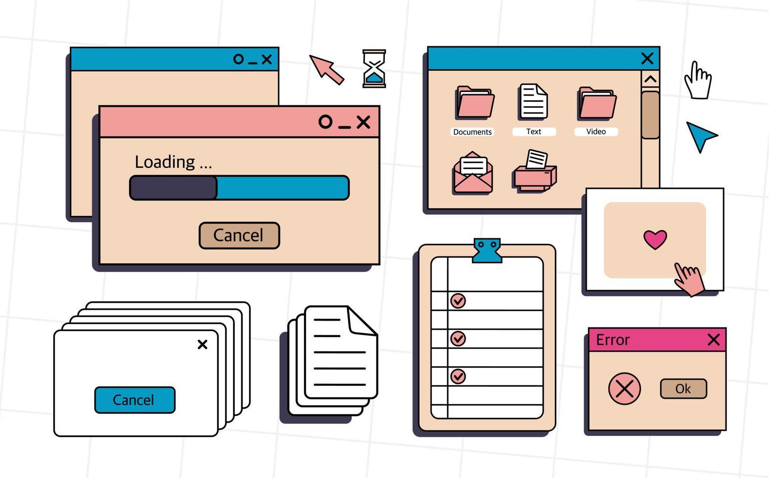 um conjunto de elementos de interface do usuário, temas ui e ux. no estilo vaporwave dos anos 80-90, colagem retrô. ilustração em vetor de janelas e ícones.