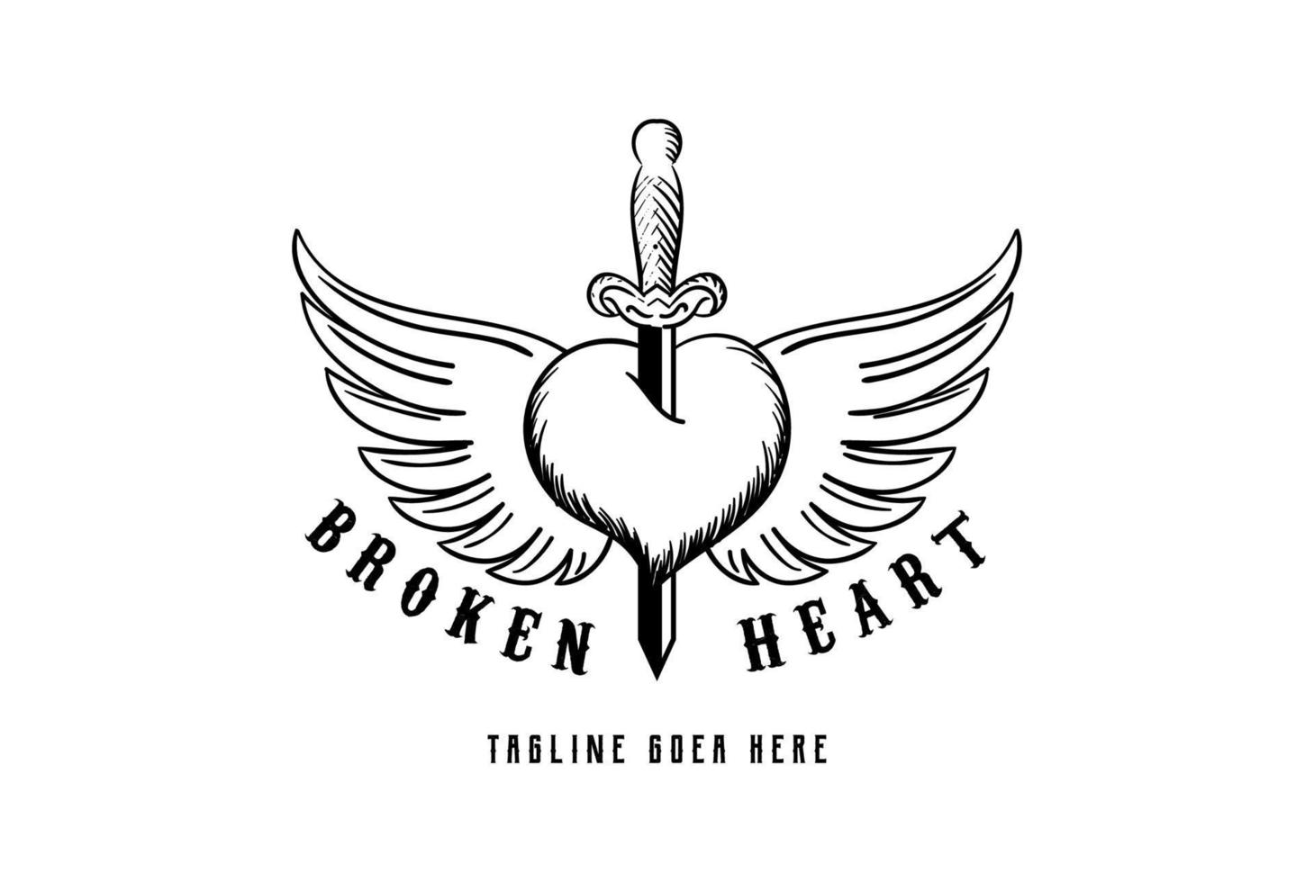 estilete de punhal de coração de amor retrô vintage com asas de anjo para vetor de design de logotipo de tatuagem