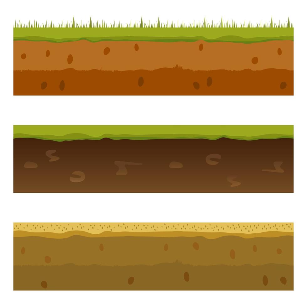 camadas de solo, solo e subterrâneo, níveis de jogo sem costura de desenho animado. vista de seção transversal vetorial da textura natural da terra com lama, seixos vetor