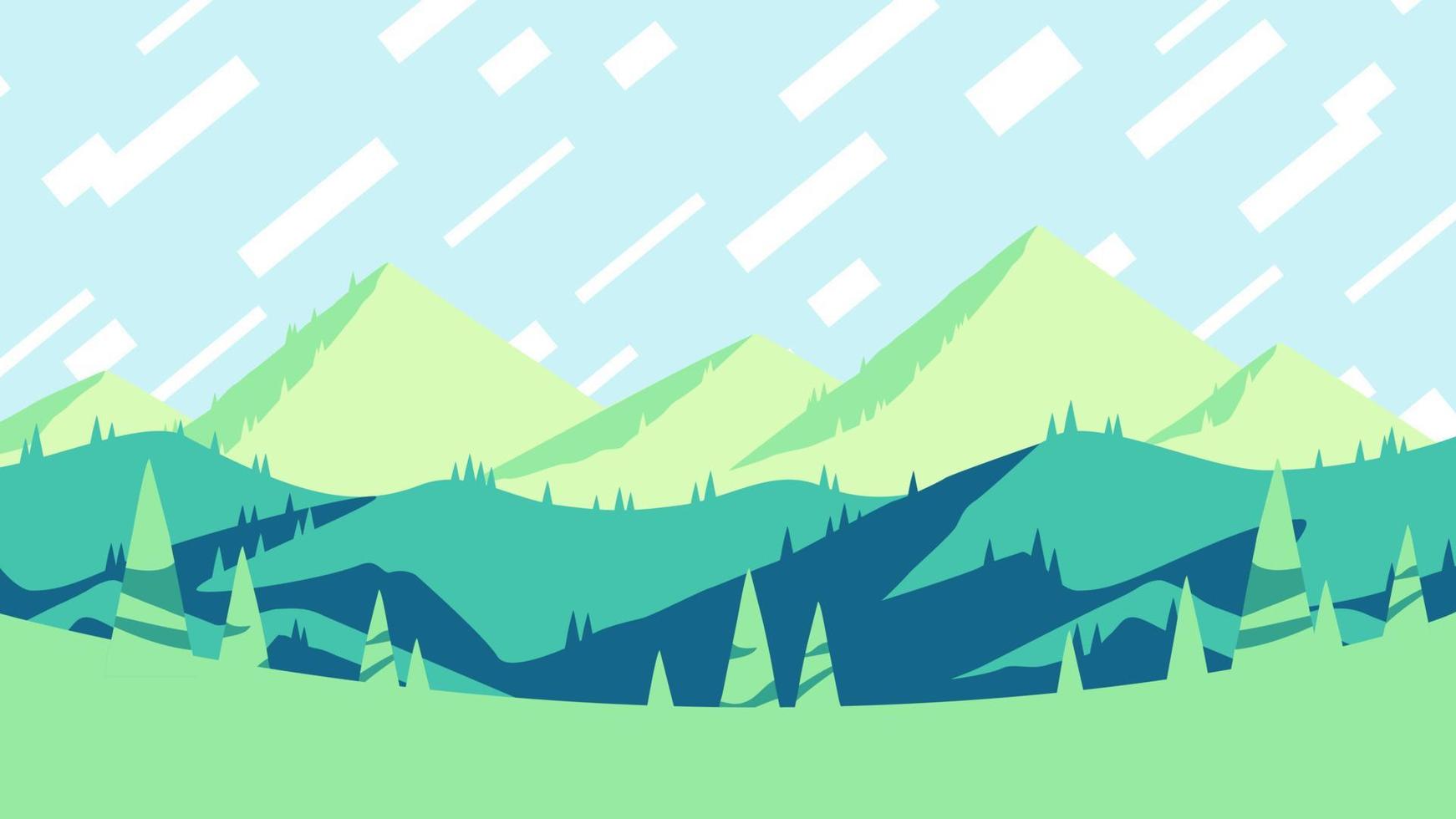 temporada de verão nas montanhas, arte de cartaz horizontal de design plano. pôr do sol de verão sobre o cartaz de colinas verdes, ilustração vetorial de paisagem. vetor