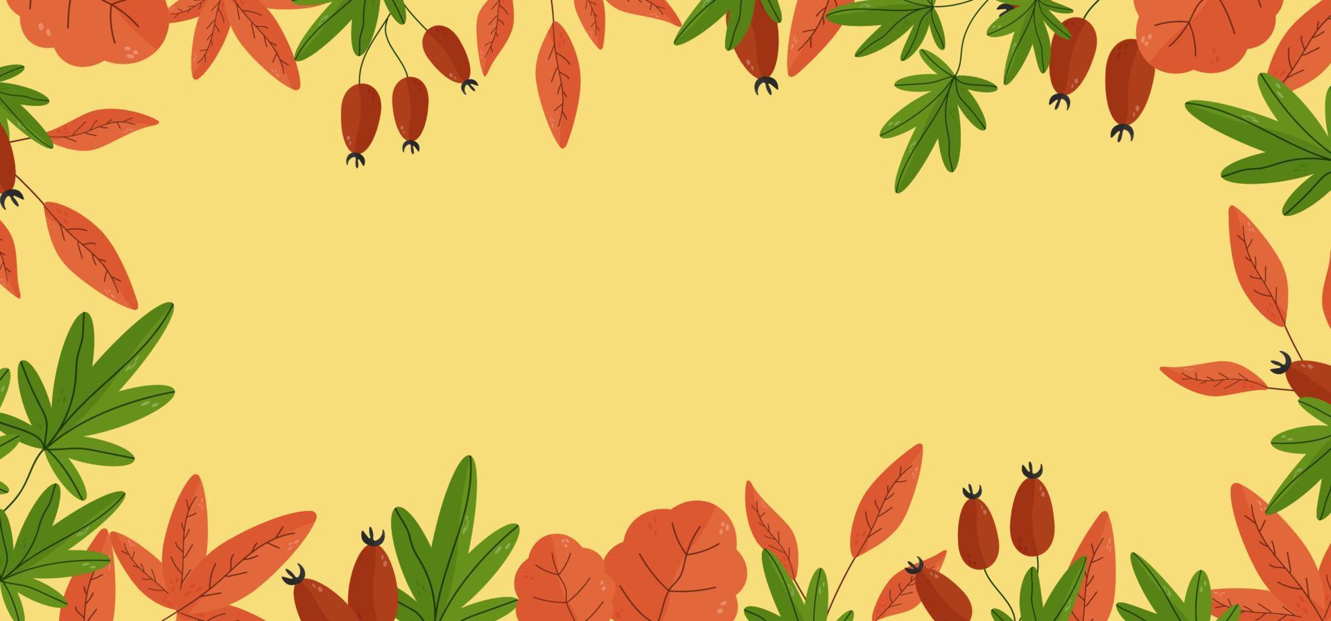 fundo de outono para texto com folhas, nozes, bolotas, bagas, elementos sazonais. modelo de moldura quadrada. ilustração vetorial com elementos botânicos vetor
