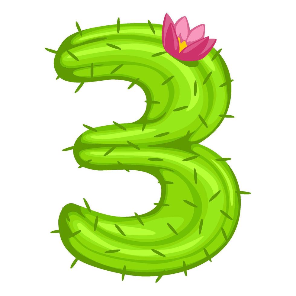 cacto dos desenhos animados número 3 com números de crianças de fonte de flores. figura verde três vetor