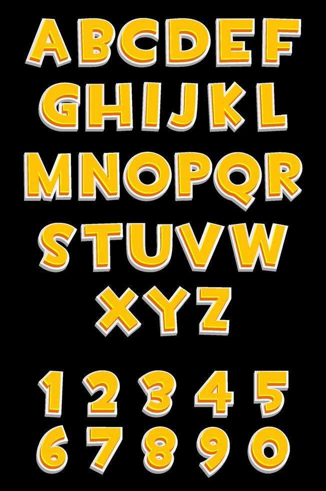 Alfabeto laranja 3D e números para jogos de interface do usuário, texto. vetor
