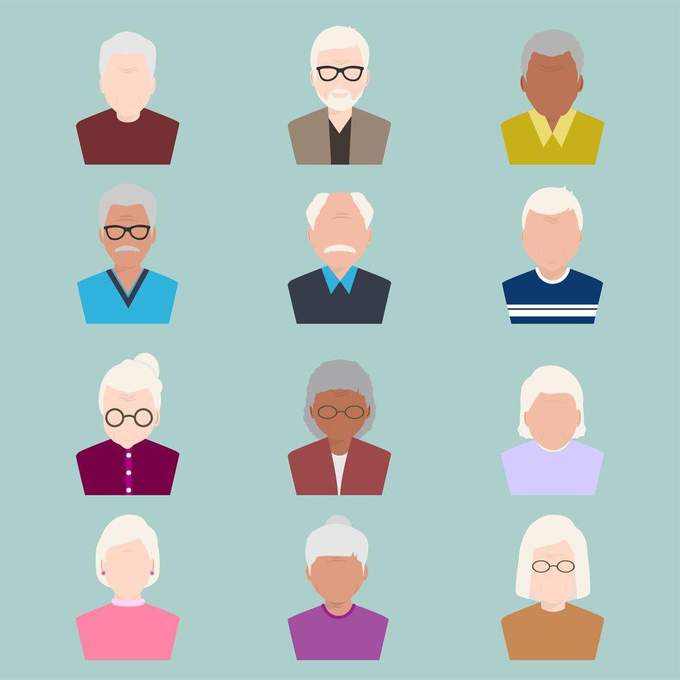 conjunto de estilo plano de avatares de pessoas idosas vetor