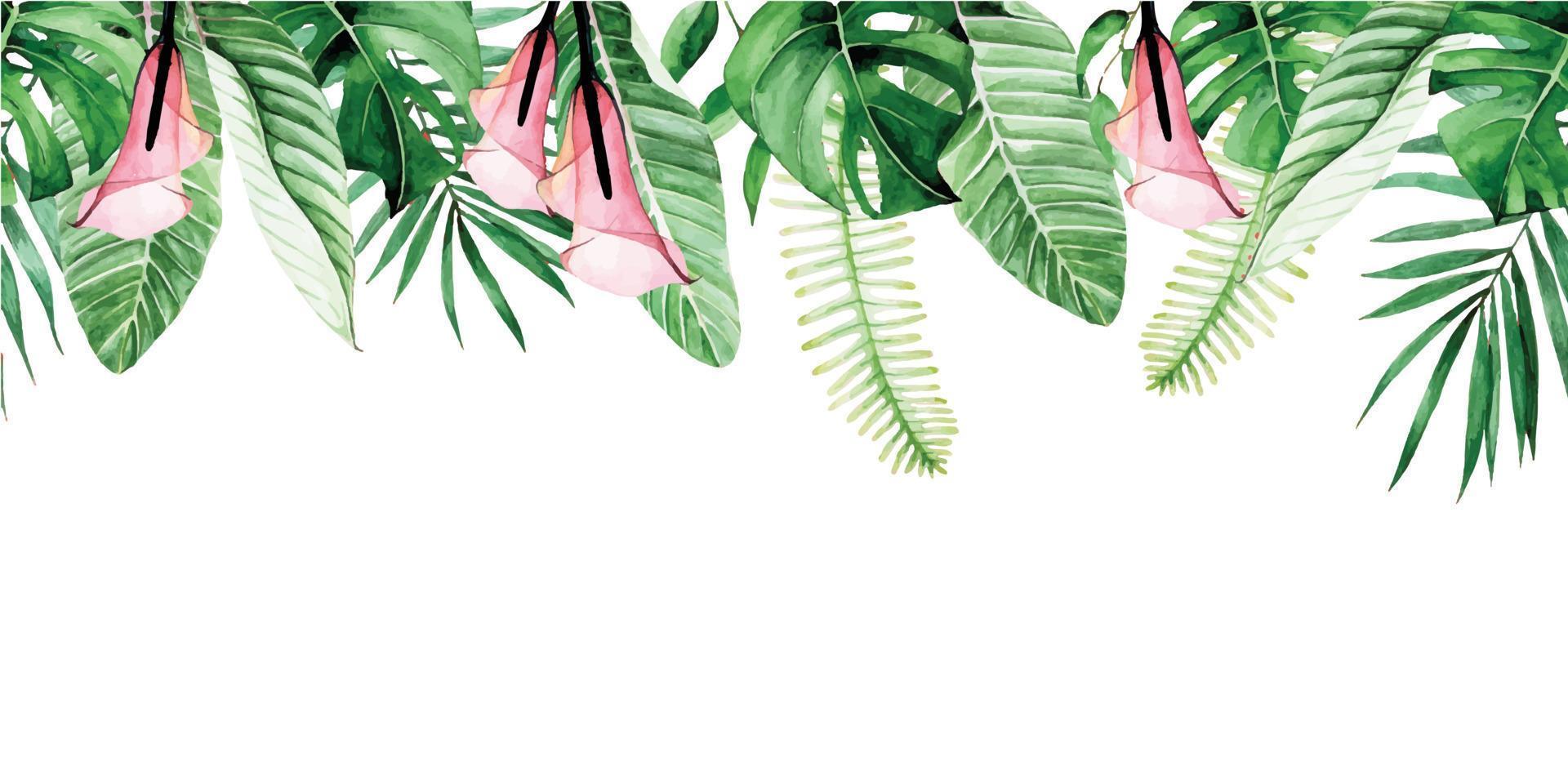 borda sem costura em aquarela, moldura com folhas verdes tropicais e flores cor de rosa. flores de kala, folhas de palmeira, monstera, folhas de bananeira isoladas no fundo branco. padrão, impressão, banner da web vetor