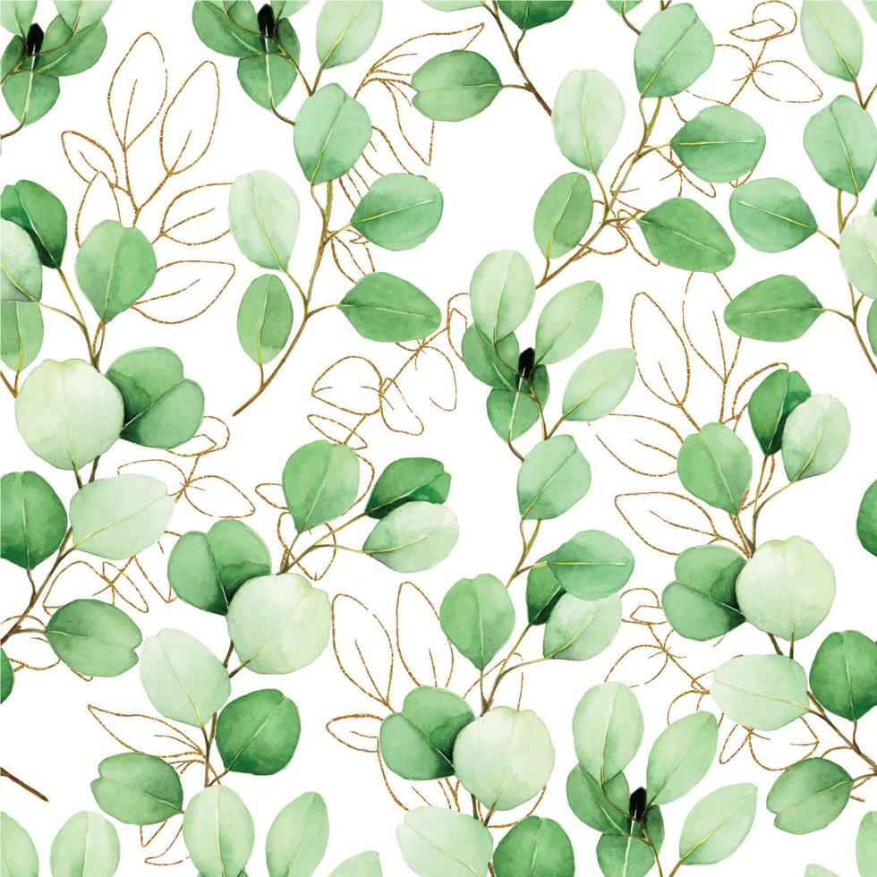 sem costura padrão de aquarela com folhas de eucalipto e elementos dourados. impressão de luxo vintage com folhas douradas e folhas verdes de aquarela isoladas no fundo branco. design para papel de parede, tecido vetor