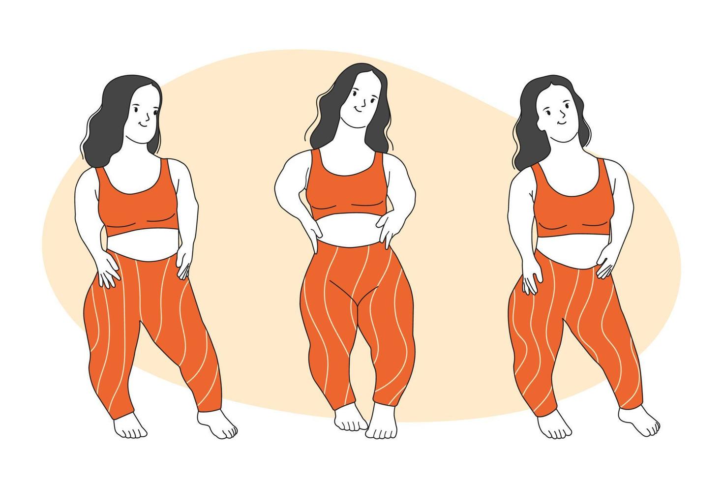 linda mulher subdimensionada em sportswear. menina anão. corpo movimento positivo e beleza diversidade, igualdade, inclusão. mão desenhada em estilo de linha fina, ilustração vetorial. vetor