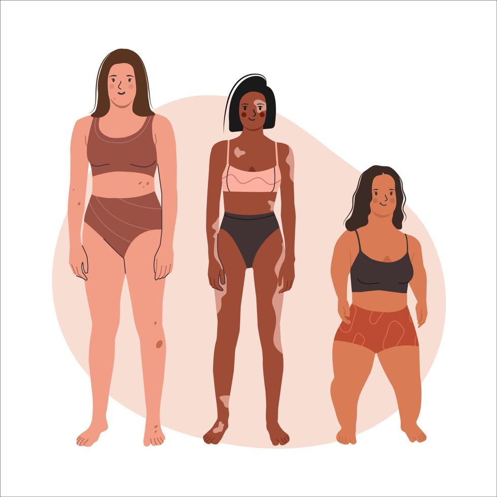 corpo movimento positivo e beleza diversidade, igualdade, inclusão. ilustração vetorial de mulheres bonitas de diversas idades, altura e tipos de corpo, de pé em roupas íntimas. ilustração vetorial plana. vetor