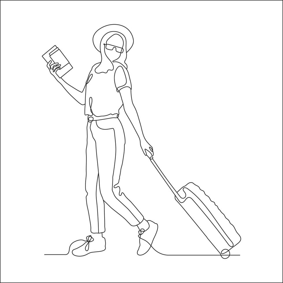 arte de linha contínua ou um desenho de linha de uma mulher de viagem com uma mala. desenho à mão. ilustração vetorial. vetor