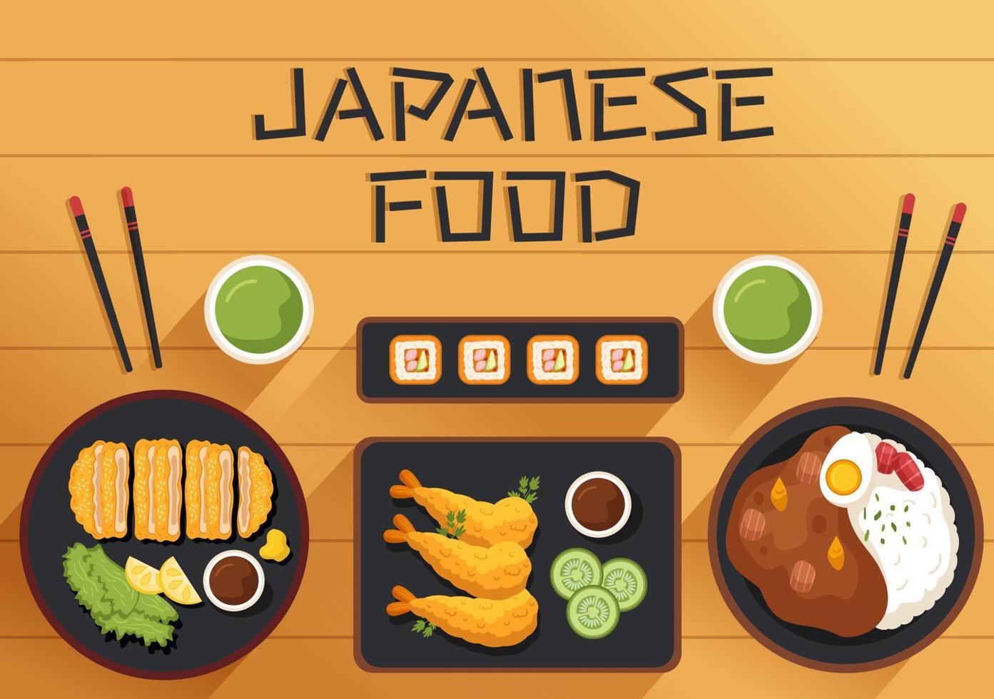 ilustração de desenhos animados de comida japonesa com vários pratos deliciosos no restaurante, como sushi em um prato, rolo de sashimi e outros em estilo simples vetor