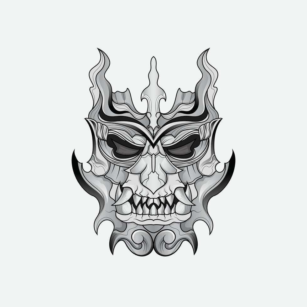 tatuagem de ilustração de máscara shinigami preto e branco tradicional japonês oni máscara tatuagem camiseta estilo de vida vetor