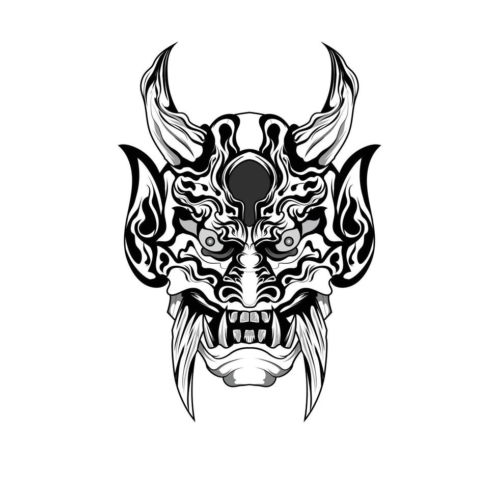 arte de tatuagens em preto e branco desenhadas à mão diabo satanás máscara oni chifre de demônio ilustração vetorial vetor