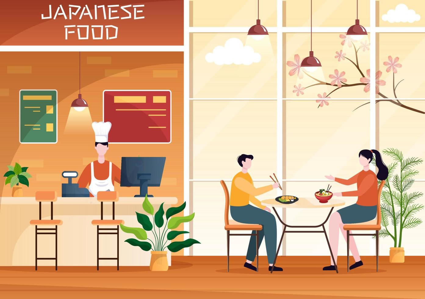 pessoas comendo comida japonesa no restaurante com vários pratos deliciosos, como sushi em um prato, rolo de sashimi e outros em ilustração de desenhos animados de estilo simples vetor