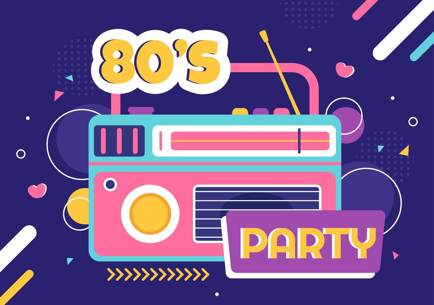 Ilustração de fundo de desenhos animados de festa dos anos 80 com música retrô, toca-fitas de rádio de 1980 e discoteca em design de estilo antigo vetor
