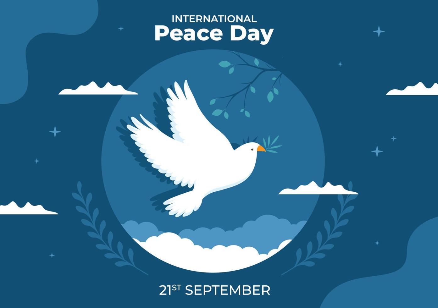 ilustração dos desenhos animados do dia internacional da paz com mãos, pombo, globo e céu azul para criar próspero no mundo em design de estilo simples vetor