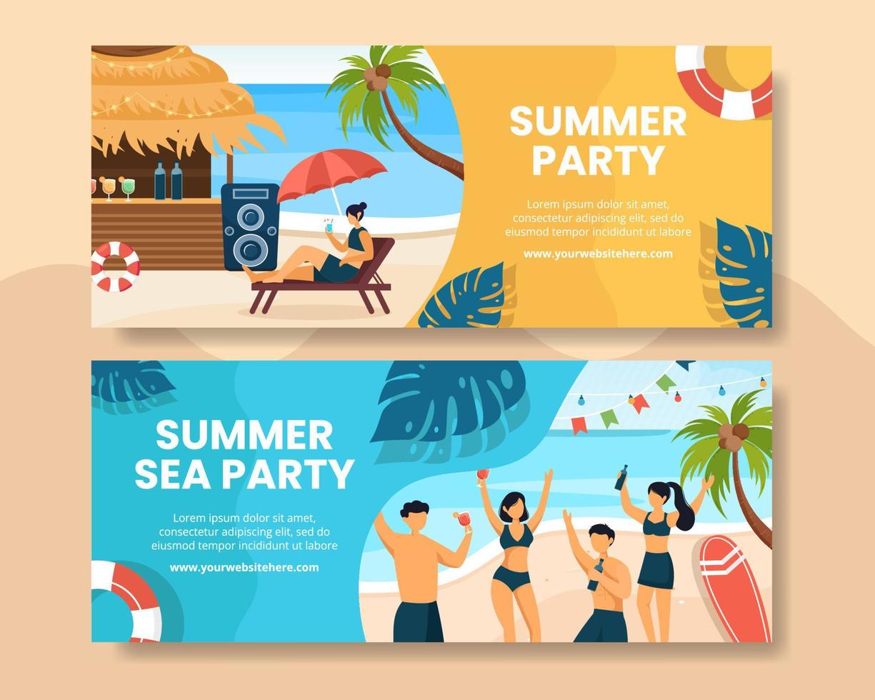 modelo de banner horizontal de festa de verão ilustração em vetor plano de fundo dos desenhos animados