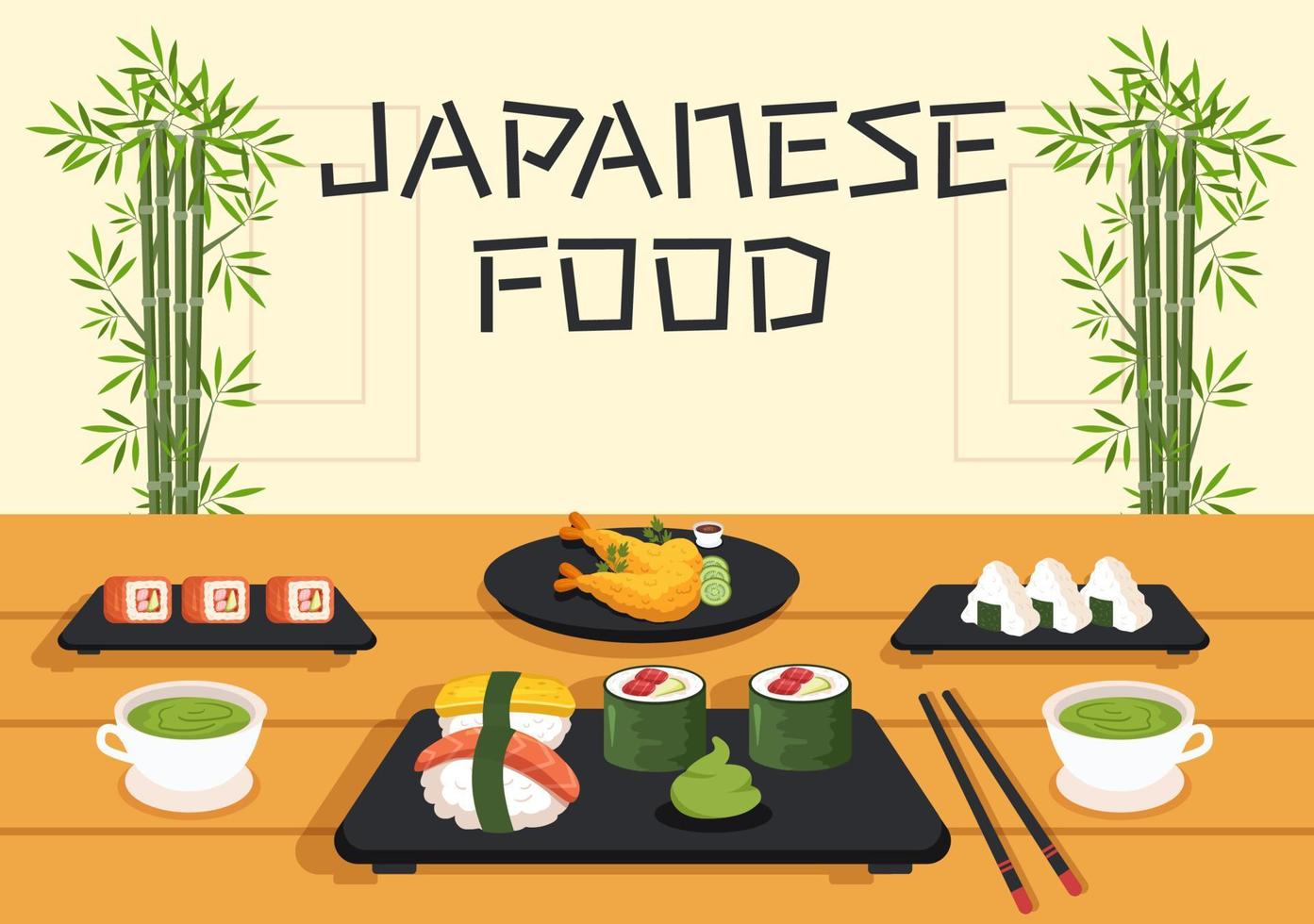 ilustração de desenhos animados de comida japonesa com vários pratos deliciosos no restaurante, como sushi em um prato, rolo de sashimi e outros em estilo simples vetor