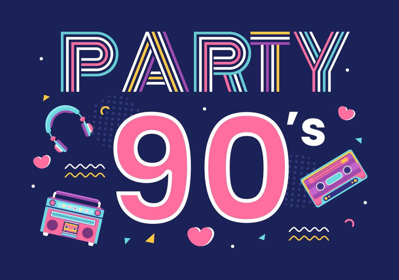 Ilustração de fundo de desenhos animados de festa retrô dos anos 90 com música dos anos noventa, tênis, rádio, tempo de dança e fita cassete em design moderno de estilo plano vetor