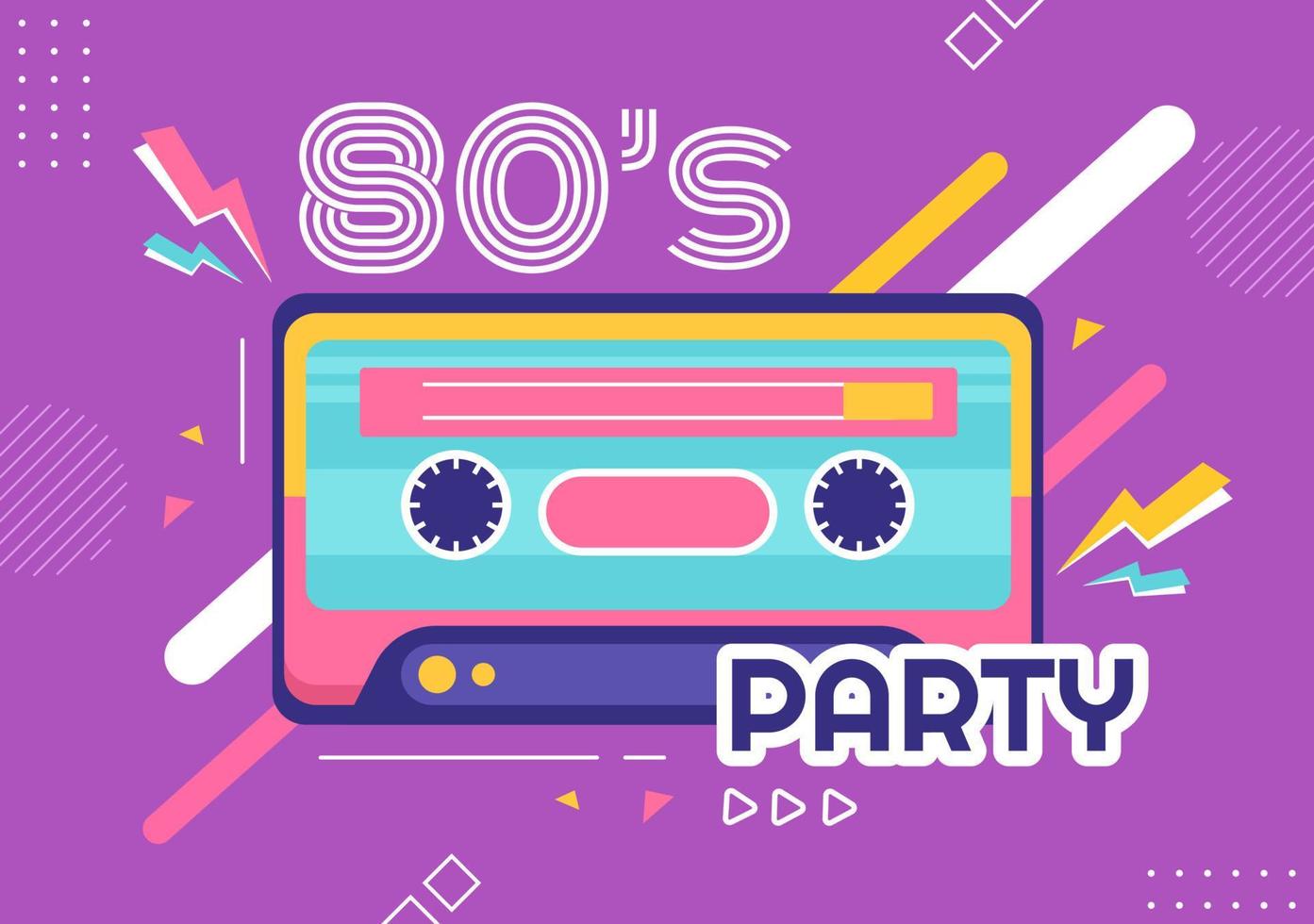 Ilustração de fundo de desenhos animados de festa dos anos 80 com música retrô, toca-fitas de rádio de 1980 e discoteca em design de estilo antigo vetor