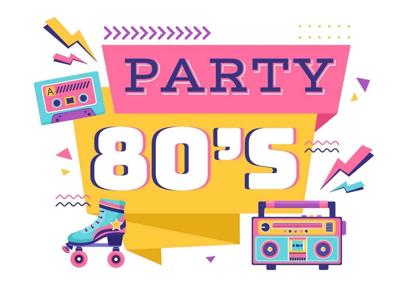 Ilustração de fundo de desenhos animados de festa dos anos 80 com música retrô, toca-fitas de rádio de 1980 e discoteca em design de estilo antigo vetor