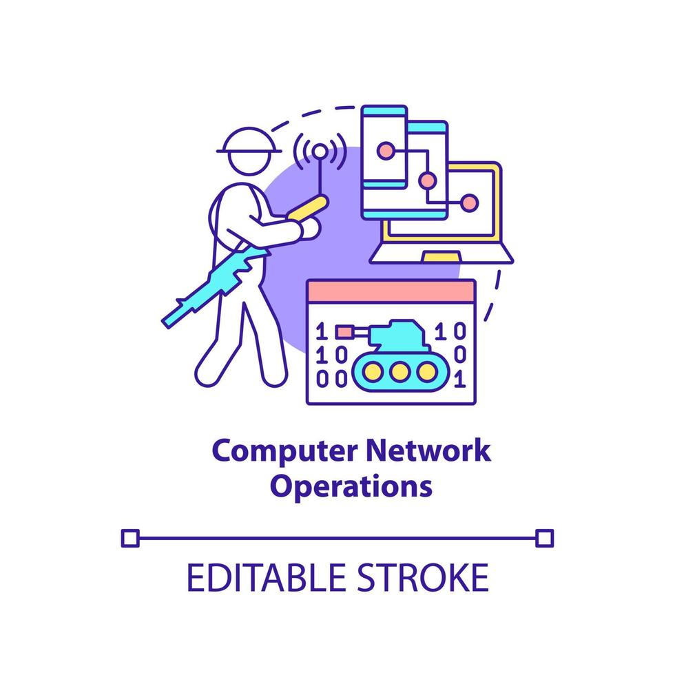 ícone do conceito de operações de rede de computador. uso dos dispositivos. operações de informação abstrata idéia ilustração de linha fina. desenho de contorno isolado. traço editável. vetor