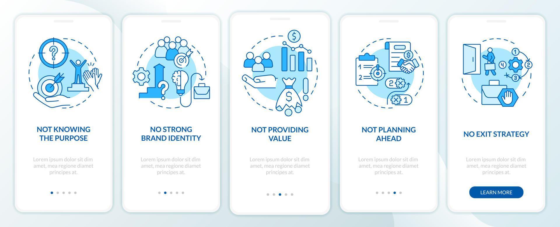 problemas enfrentados pela tela do aplicativo móvel de integração azul para pequenas empresas. passo a passo 5 passos páginas de instruções gráficas com conceitos lineares. ui, ux, modelo de gui. vetor