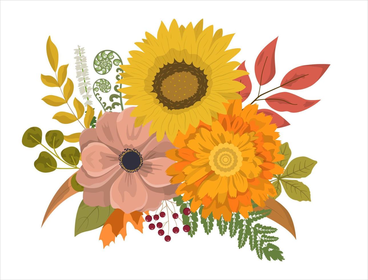 arranjo floral colorido de outono em estilo rústico. flores, folhas secas e bagas. isolado no fundo branco. design de cartões de férias de outono vetor