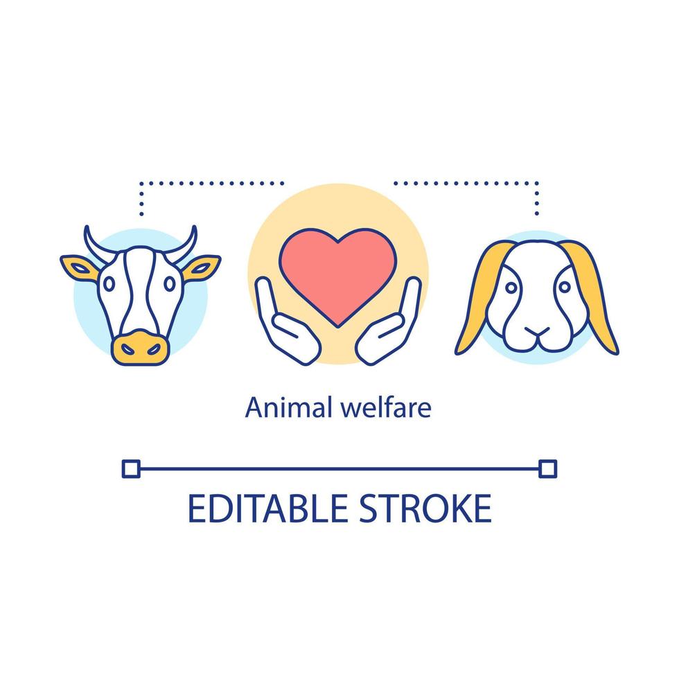 ícone de conceito de proteção de bem-estar animal. ilustração de linha fina de idéia voluntária de cuidados com a vida selvagem. clínica veterinária. mãos com símbolo do coração, coelho e vaca vector desenho de contorno isolado. traço editável