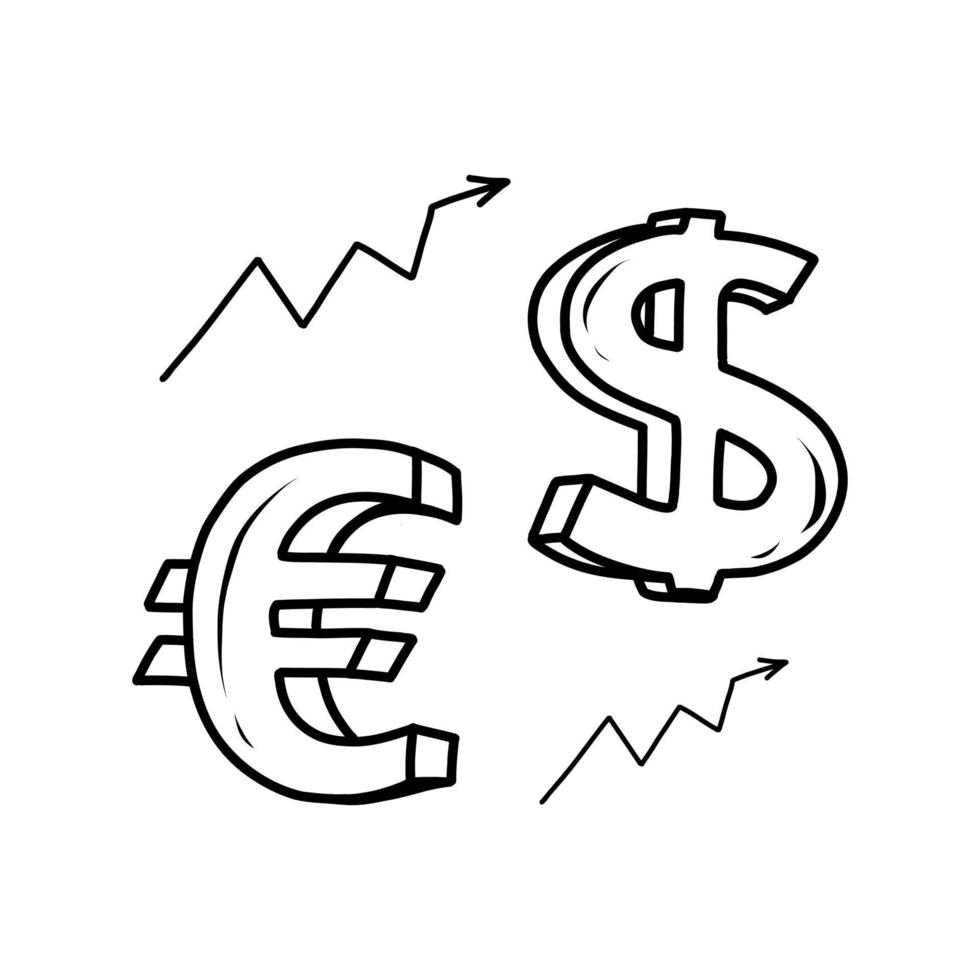 ícone de doodle euro e dólar, isolado em um fundo branco. ilustração vetorial desenhada à mão de sinais de dinheiro vetor
