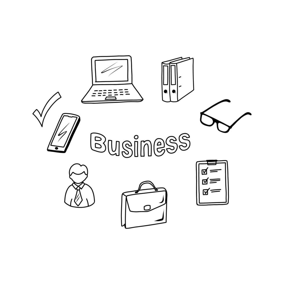 ícones de negócios definidos no estilo doodle. usuário, notebook, pastas, checklist, maleta, telefone. ilustração vetorial desenhada à mão vetor