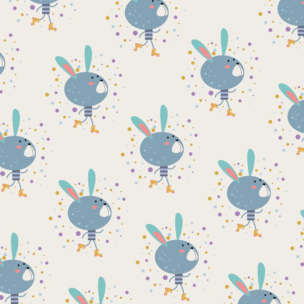 padrão de desenho animado de coelho jogando patins. ilustração vetorial, pequeno círculo como ornamento, adequado para design de roupas infantis vetor