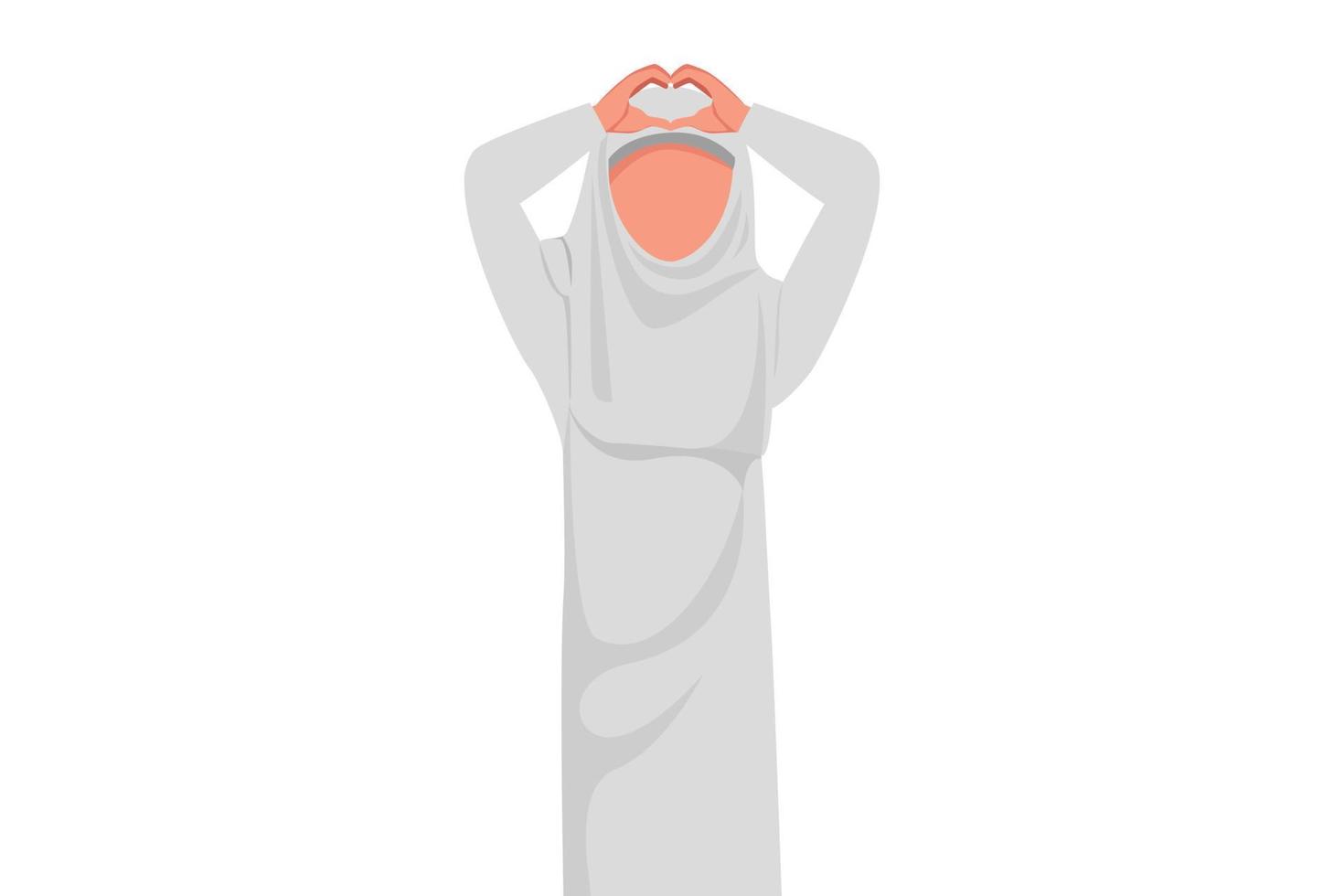 estilo de desenho animado plano de negócios desenhando empresária árabe fazendo ou gesticulando o símbolo do coração com os dedos sobre a cabeça. forma de amor para campanha de saúde no hospital. ilustração em vetor design gráfico